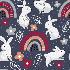 Cercles muraux Lapin Modèle sans couture avec lapins et arcs-en-ciel
