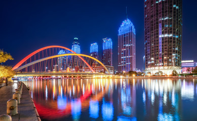 Naklejka premium Night view of Tianjin urban architectural landscape..
