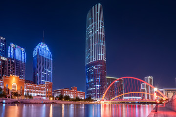 Night view of Tianjin urban architectural landscape..