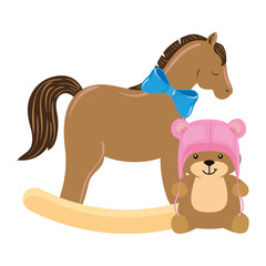 wooden horse toy with teddy bear isolated icon vector illustration design