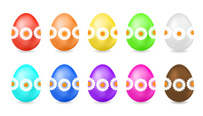 Set of gradient eggs with pattern of daisies. Vector illustration of Colored Easter eggs isolated on white background. Ideal for festive Easter designs, greeting cards, prints and more.