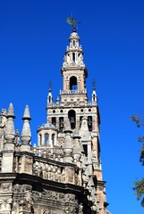 Fototapeta na wymiar Cathedral of Saint Mary of the See (Catedral de Santa Maria de la Sede) and La Giralda Tower, Seville, Spain.
