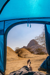 Camping in the Spitzkoppe National Park in Namibia in Africa.