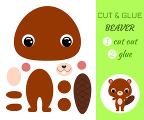 Cut and glue baby beaver. Educational paper game for preschool children.