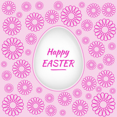 Happy Easter background with pink chamomile flowers and holiday greetings in egg frame. Vector illustrations are perfect for collage creation, banner design, wish decorations, albums, greeting cards.