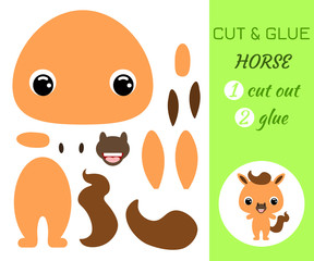 Cut and glue baby horse. Educational paper game for preschool children.