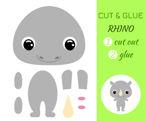 Cut and glue baby rhino. Educational paper game for preschool children.