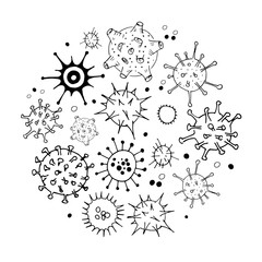 Virus and bacteria doodle set. Collection of simple hand drawn illustrations. Isolated on white. Vector.