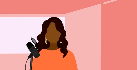 woman with mic podcast, singing illustration 