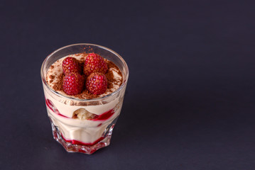 Italian dessert panna cotta with raspberries and cocoa powder served in small glass over black background.