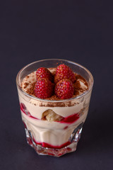 Italian dessert panna cotta with raspberries and cocoa powder served in small glass over black background.