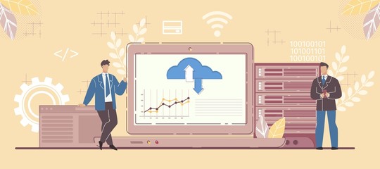 Business Partner and Saas Platform. Cloud Software and Database Center Connection. Software as Service Flexibility. Information Exchange Technology. On-Demand Subscription Access. Vector Illustration