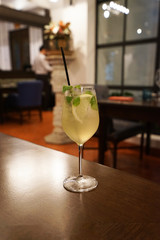 Close up glass of Mojito ,original Spanish cocktail recipe with mint, rum, sugar and soda
