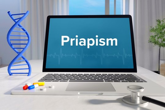Priapism – Medicine/health. Computer in the office with term on the screen. Science/healthcare