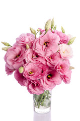 bunch of white and pink eustoma flowers in glass vase isolated on white
