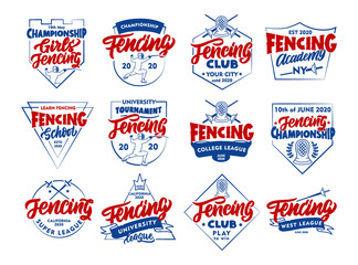 Obraz premium Set of vintage Fencing emblems and stamps. Colorful sport badges, stickers on white background isolated