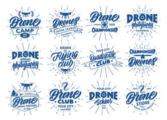 Set of vintage Drone emblems and stamps. Blue badges, sticker