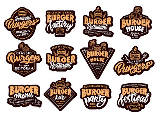 Set of Burger, fast food stickers, patches. Colorful badges, emblems, stamps on white background.