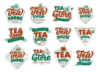 Set of vintage Hot tea drink emblems and stamps. Colorful badges, stickers on white background isolated.