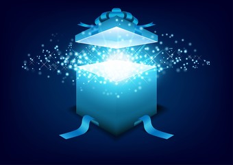 Magic gift box open with bright particle. Opened 3d realistic gift box, sky blue bow with shining light and stars.