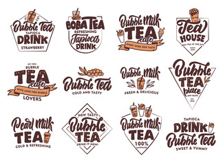 Naklejka premium Set of vintage Cold Bubble tea emblems and stamps. Colorful badges, stickers on white background isolated.