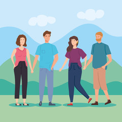 Fototapeta premium group people in landscape nature vector illustration design