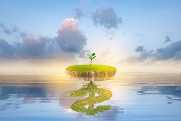 Small green tree island with reflection dollar sign in quiet water of the ocean. Friendly ecosystem...