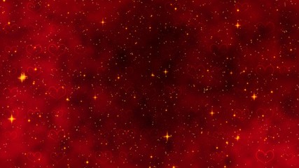 Red pattern with golden confetti, stars and red hearts. For St. Valentines Day, Wedding invitation e-card. 3D rendering 3D illustration