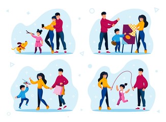 Fototapeta premium Happy Family Life Situations, Parenthood Worries, Child Education Trendy Flat Vectors Set. Parents and Child Walking with Pet, Drawing Painting, Jumping on Rope, Shopping Together Illustrations