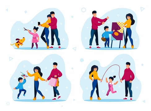 Happy Family Life Situations, Parenthood Worries, Child Education Trendy Flat Vectors Set. Parents and Child Walking with Pet, Drawing Painting, Jumping on Rope, Shopping Together Illustrations