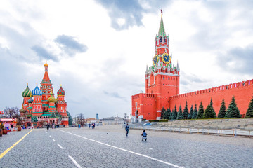 Moscow Kremlin with Spassky Tower and Saint Basil's Cathedral in center city on Red Square, Moscow, Russia