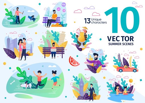People Summer Recreation Activities Trendy Flat Vector Scenes Set. Freelance Programmer Working in Park, Man Walking with Dog, Children Playing with Puppy Outdoors, Swimming in Pool Illustrations