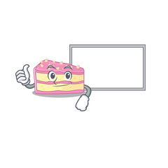 Thumbs up of strawberry slice cake cartoon design having a board