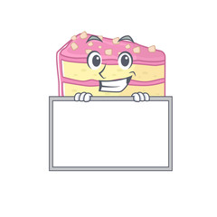 Strawberry slice cake cartoon design concept grinning with board