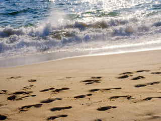 Footprints of feet on the beach at the sea