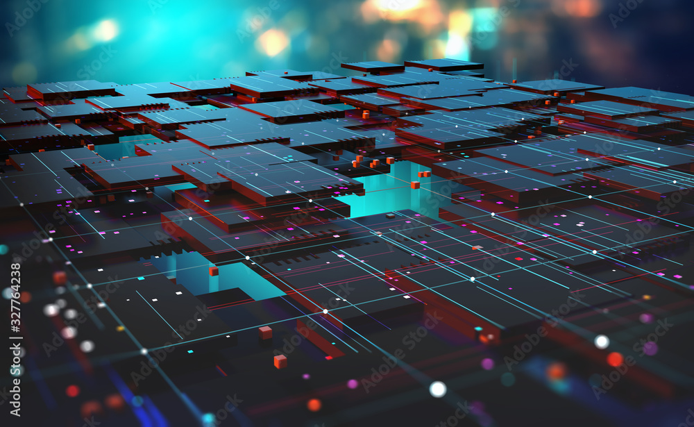 Fototapete Blockchain, high-tech background and information clusters. Bigdata concept of digital cyberspace. Quantum Architecture 3D Illustration