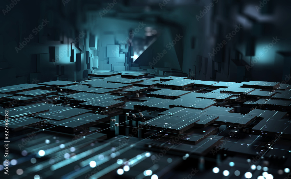 Aufkleber Cyber cave, stage for performance, stage in digital space. Information blocks in abstract architectural forms. High tech 3D illustration
