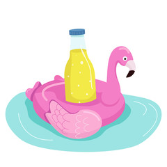Inflatable flamingo cartoon vector illustration. Cute air mattress to hold drinks. Pool party item. Lemonade in glass bottle flat color object. Citrus soda isolated on white background