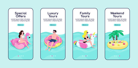 Summer sea tours onboarding mobile app screen flat vector template. Special offers, premium tours. Walkthrough website steps with characters. UX, UI, GUI smartphone cartoon interface, case prints set