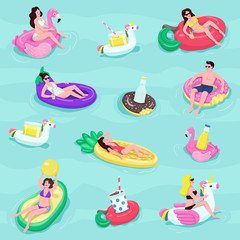 Pool party flat vector seamless pattern. People on air mattresses background. Inflatable water toys texture with cartoon color icons. Luxury sea resort wrapping paper, wallpaper design