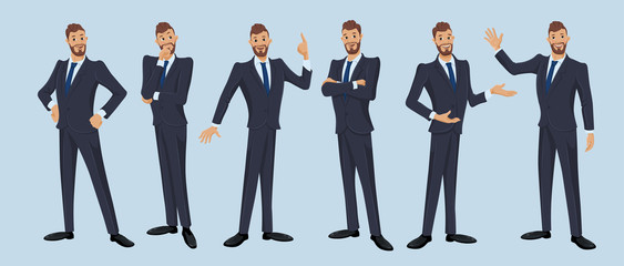 Businessman, office worker. Set of cartoon illustrations of man wearing business suit and standing in different poses. Vector isolated on the white background. - 327765074