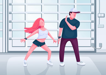 Fototapeta na wymiar Contemporary dancers couple together flat color vector illustration. People at modern dance studio 2D cartoon characters. Hip hop street dance performers class practicing movements