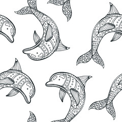 Hand drawn decorative vector background of dolphins. Isolated on white. Doodle style illustration. Marine theme.