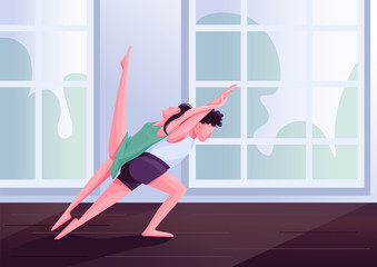 Contemp dancers movements flat color vector illustration. Contemporary partner dance male and female performers 2D cartoon characters. People at dancing class with studio windows on background
