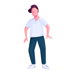 Young man dancing flat color vector faceless character. Stylish guy in casual clothes standing. Fashionable teenager, street dancer isolated cartoon illustration for web graphic design and animation