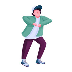 Young man showing dance movements flat color vector faceless character. Stylish guy in casual clothes dancing at party isolated cartoon illustration for web graphic design and animation