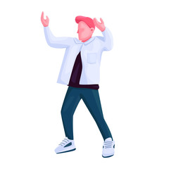 Man in trendy clothes dancing flat color vector faceless character. Stylish young guy standing, showing dance moves isolated cartoon illustration for web graphic design and animation