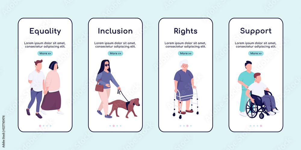 Poster disabled people equality and support onboarding mobile app screen flat vector template. walkthrough 