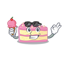 happy face strawberry slice cake cartoon design with ice cream