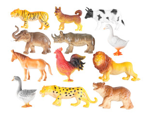 Group of plastic animal doll isolated on white background